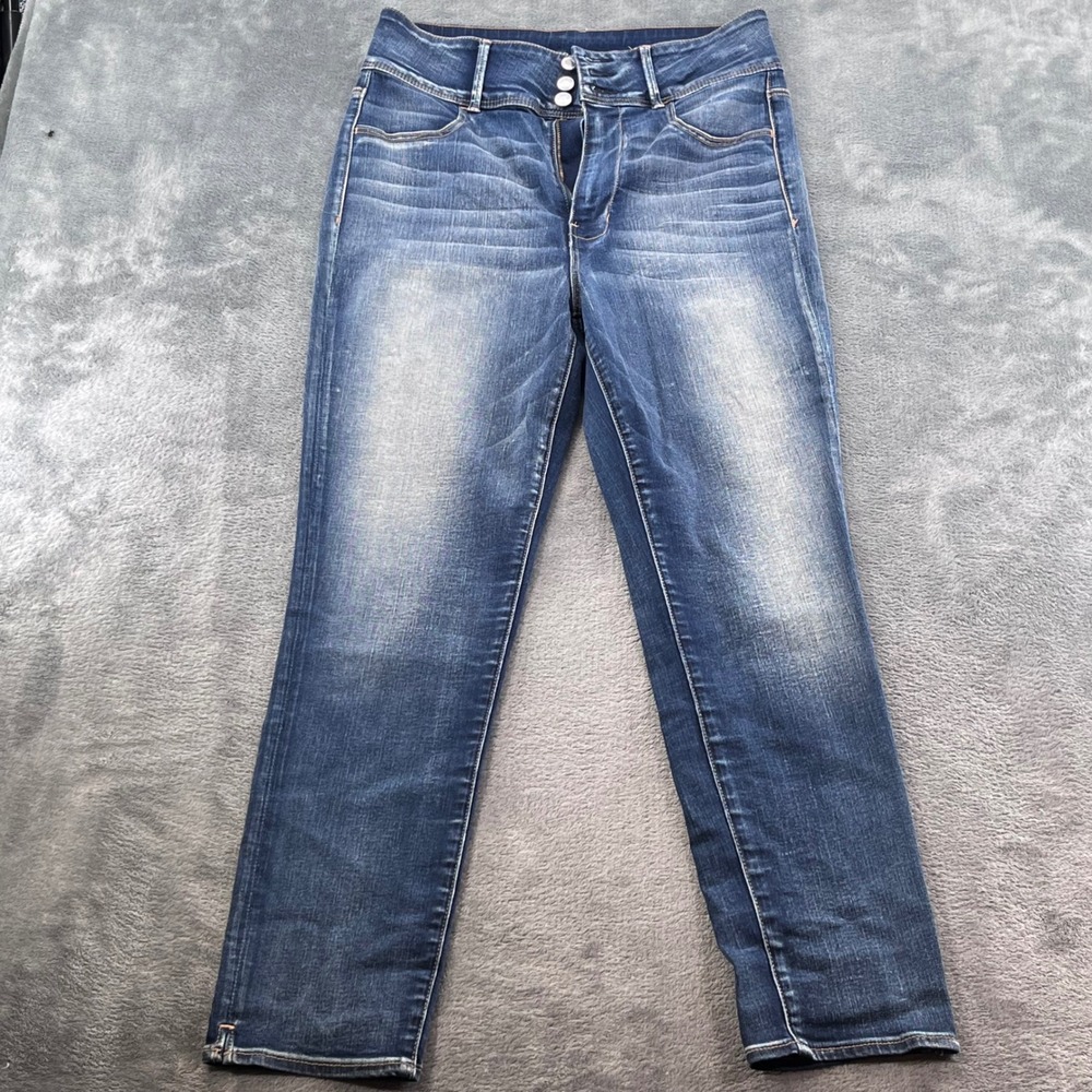 American Eagle High Waisted Skinny Jeans Dark Wash Triple Button Size 14 Long